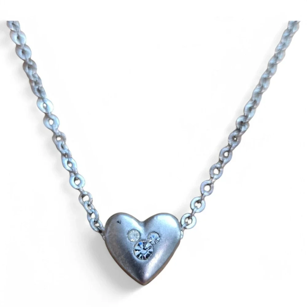 Super Cute Disney Mickey Mouse Rhinestone Heart Slider Pendant Silver Tone Chain
